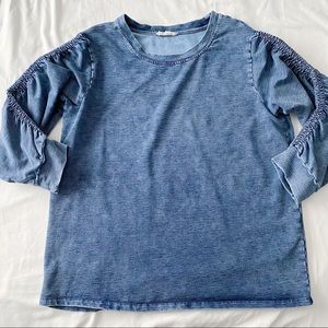 Sooooft Ruched Sleeve Blue T-Shirt